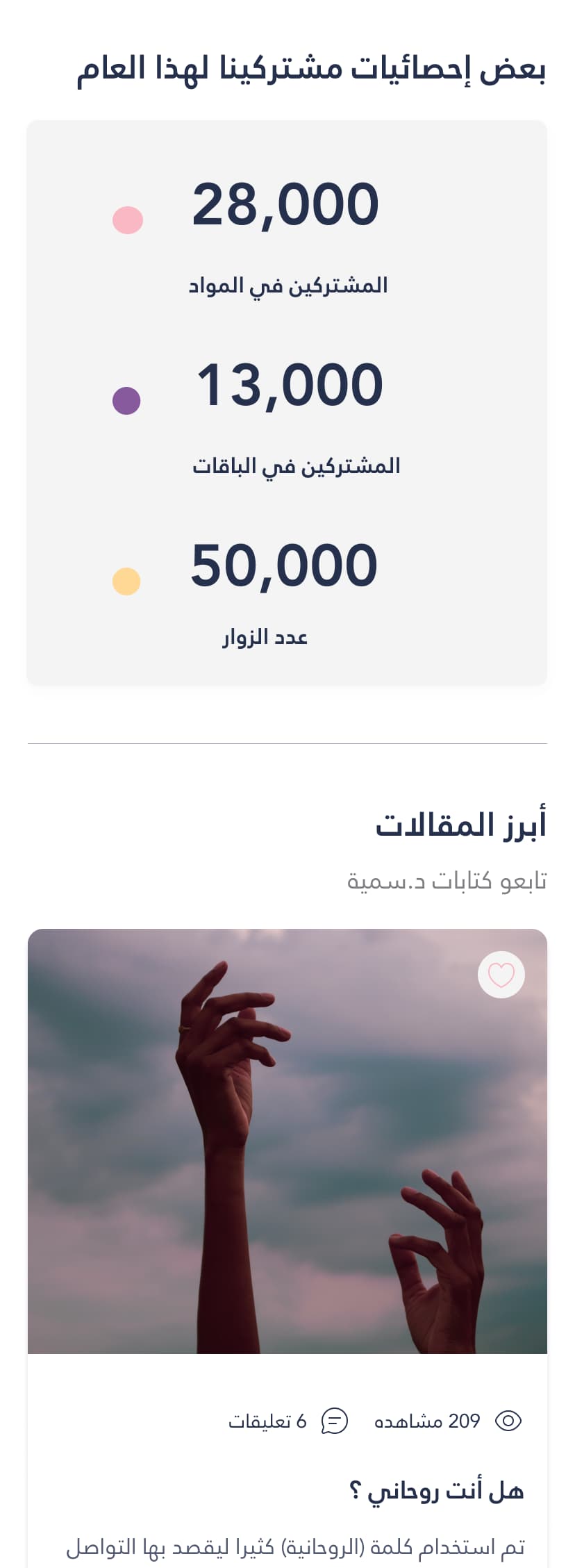 إحصاءات المشتركين للعام وقسم المقالات المميزة مع عدد المشاهدات والتعليقات