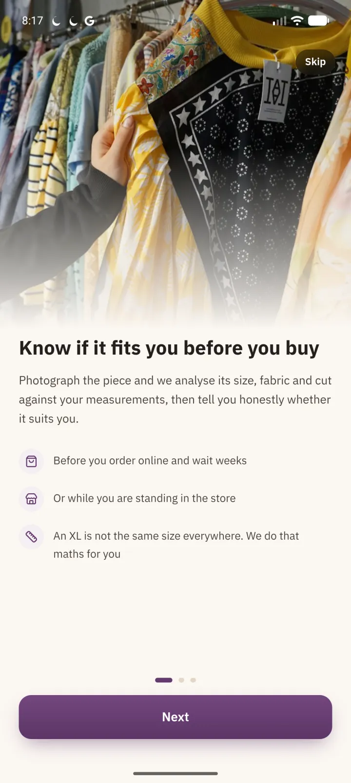 Onboarding: Know if it fits you before you buy, with three short reasons and a Next button.