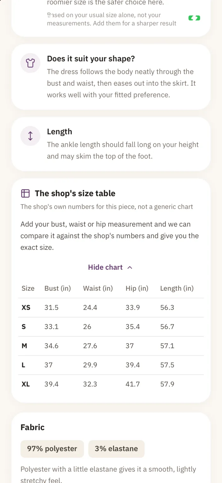 The shop's size table in inches for XS to XL, followed by fabric: 97% polyester, 3% elastane.