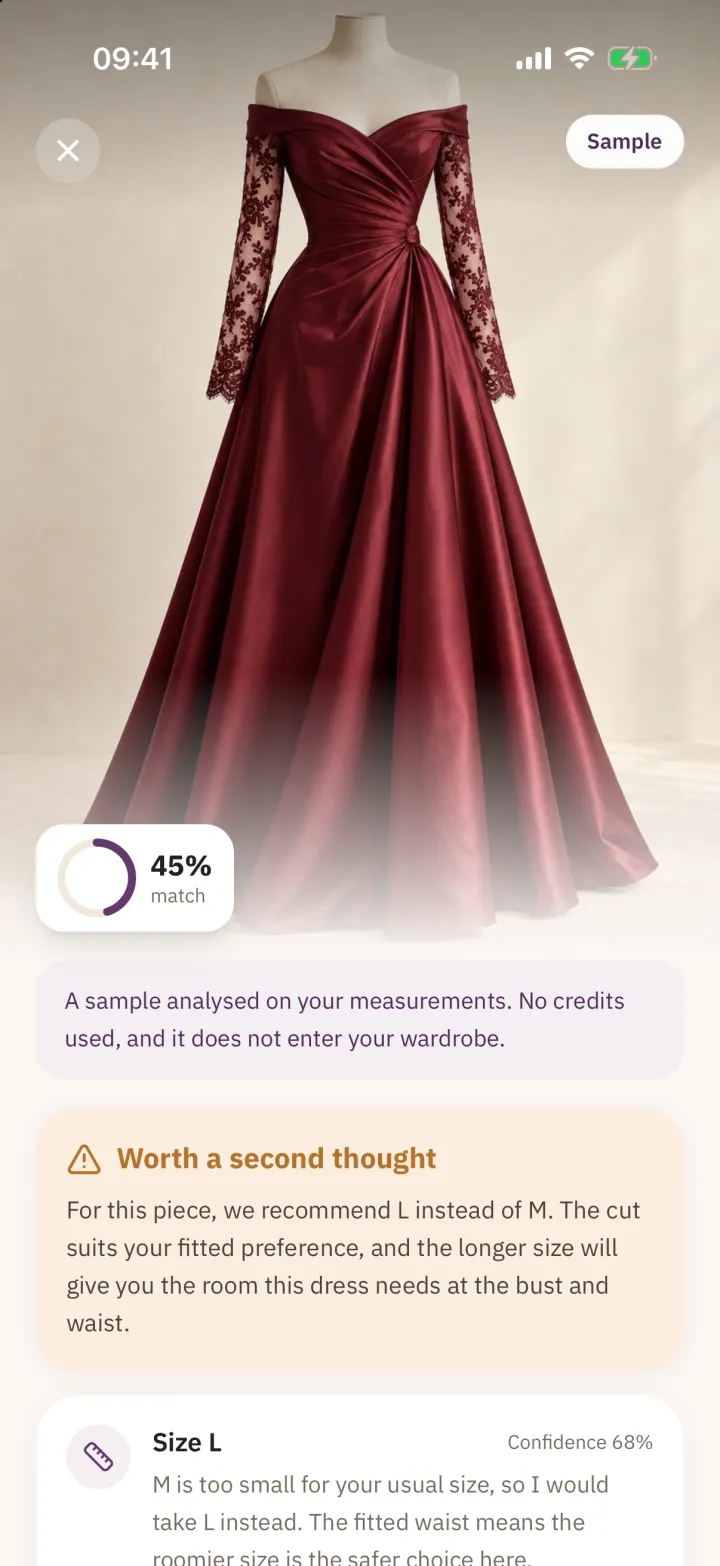 A Maqasi result for a burgundy evening dress: a 45% match ring and a note titled Worth a second thought recommending size L instead of M.