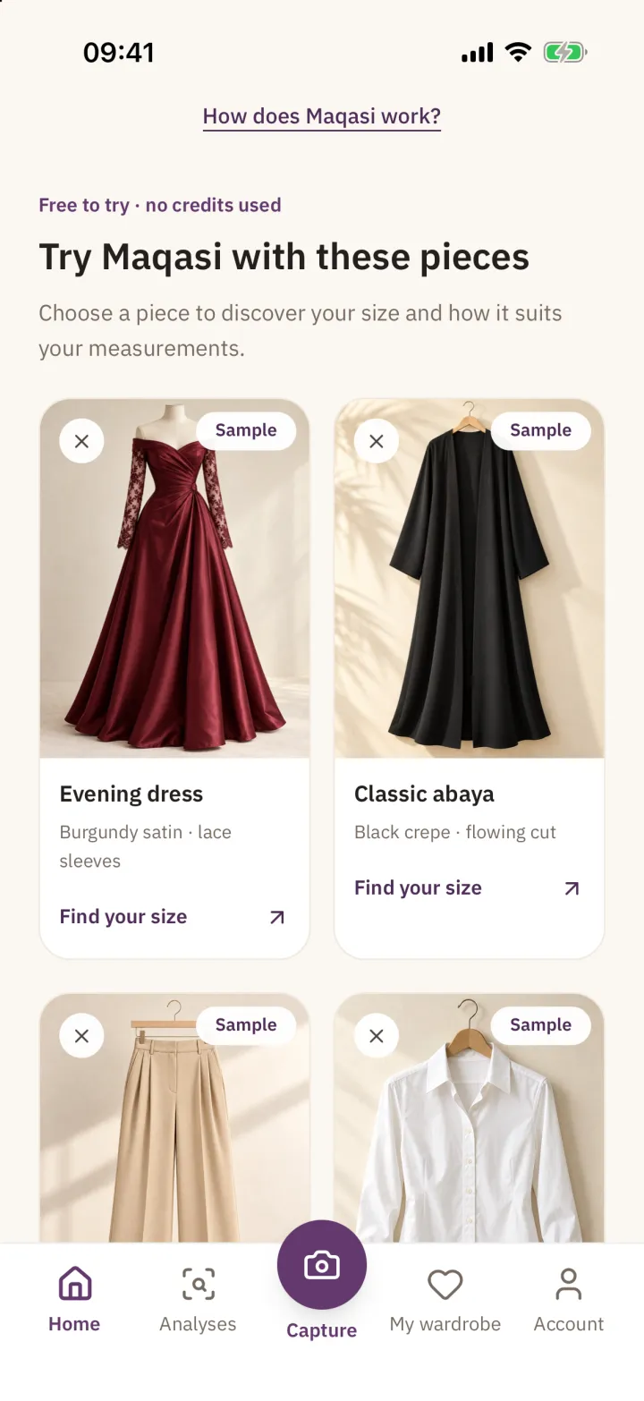 Free sample pieces on the home screen: an evening dress and a classic abaya, each marked Sample with a Find your size link.