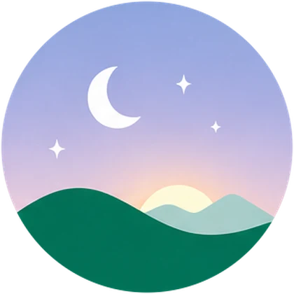 Fajr scene: a crescent moon over green hills at dawn.